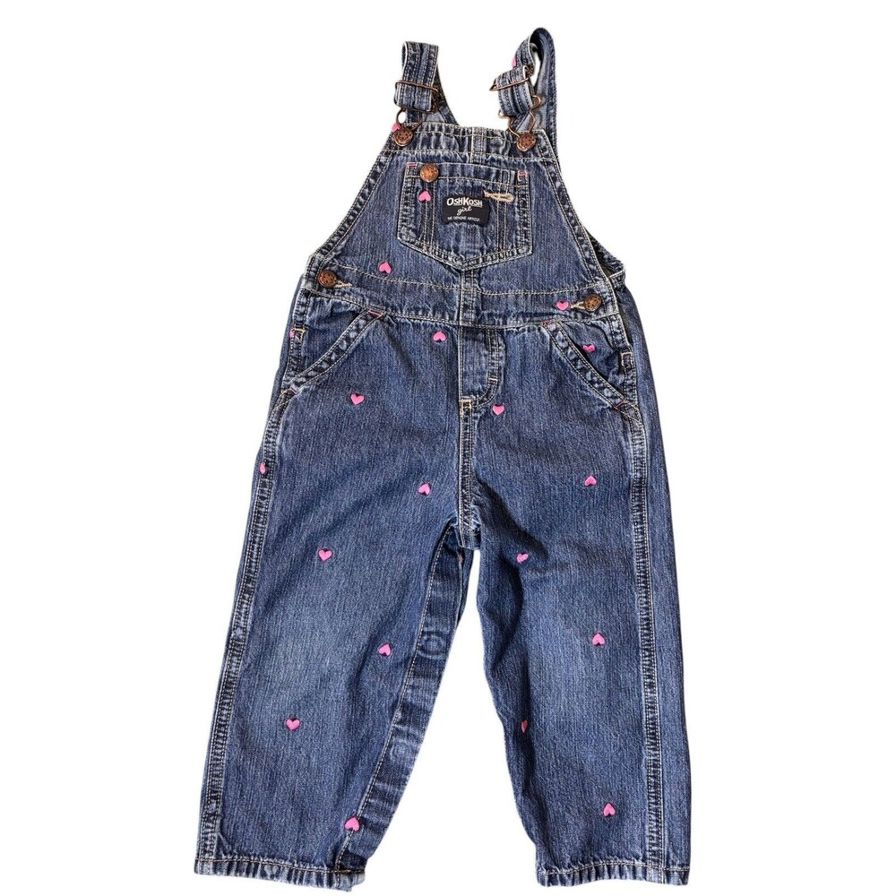 OshKosh Bgosh Girls 24M Pink Embroidered Heart Denim Overalls Vestbak Cotton